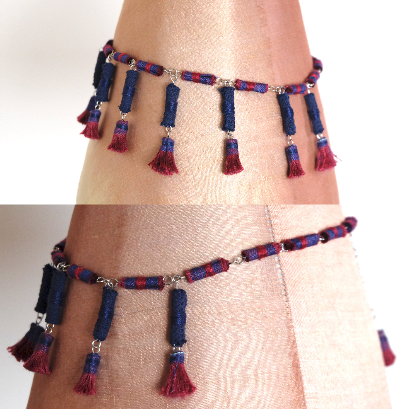 Collana in cotone e lino, con nappe