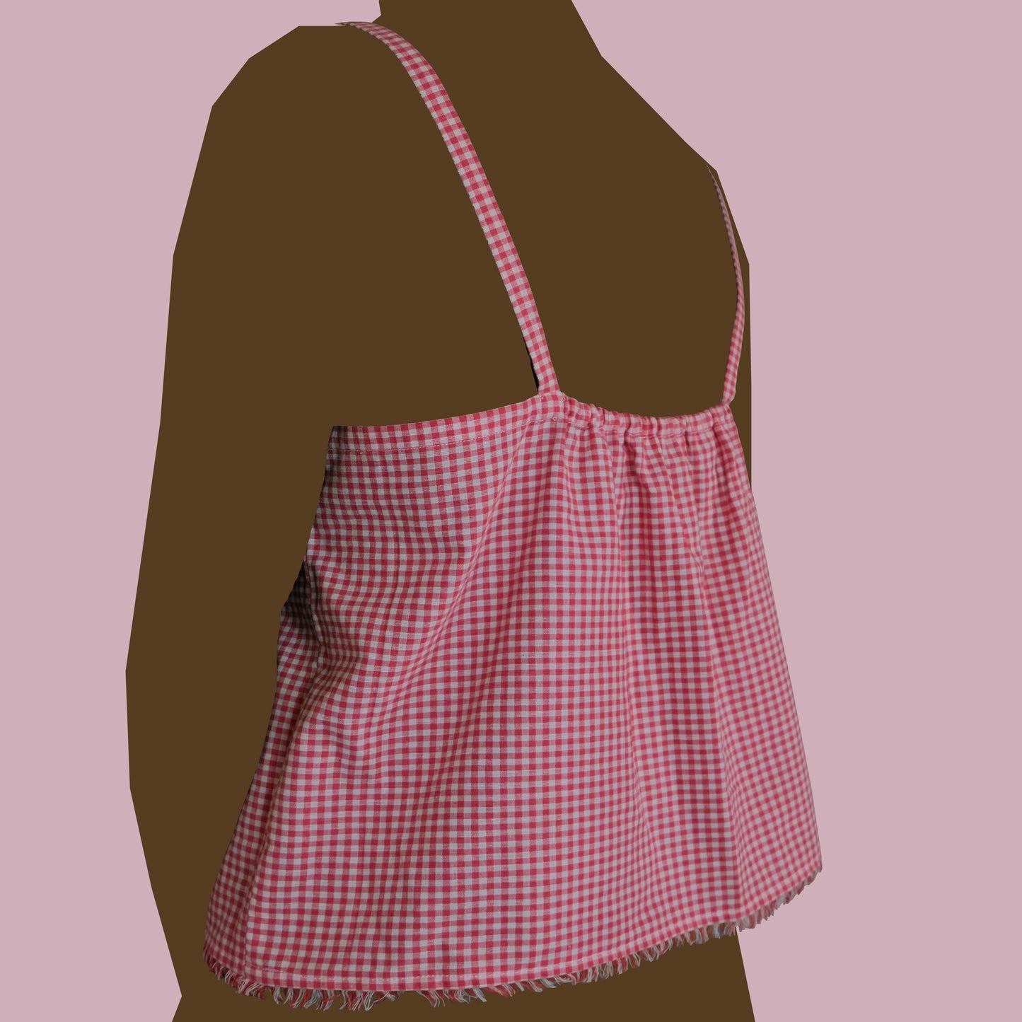 Top con spalline in cotone vichy, sfrangiato.