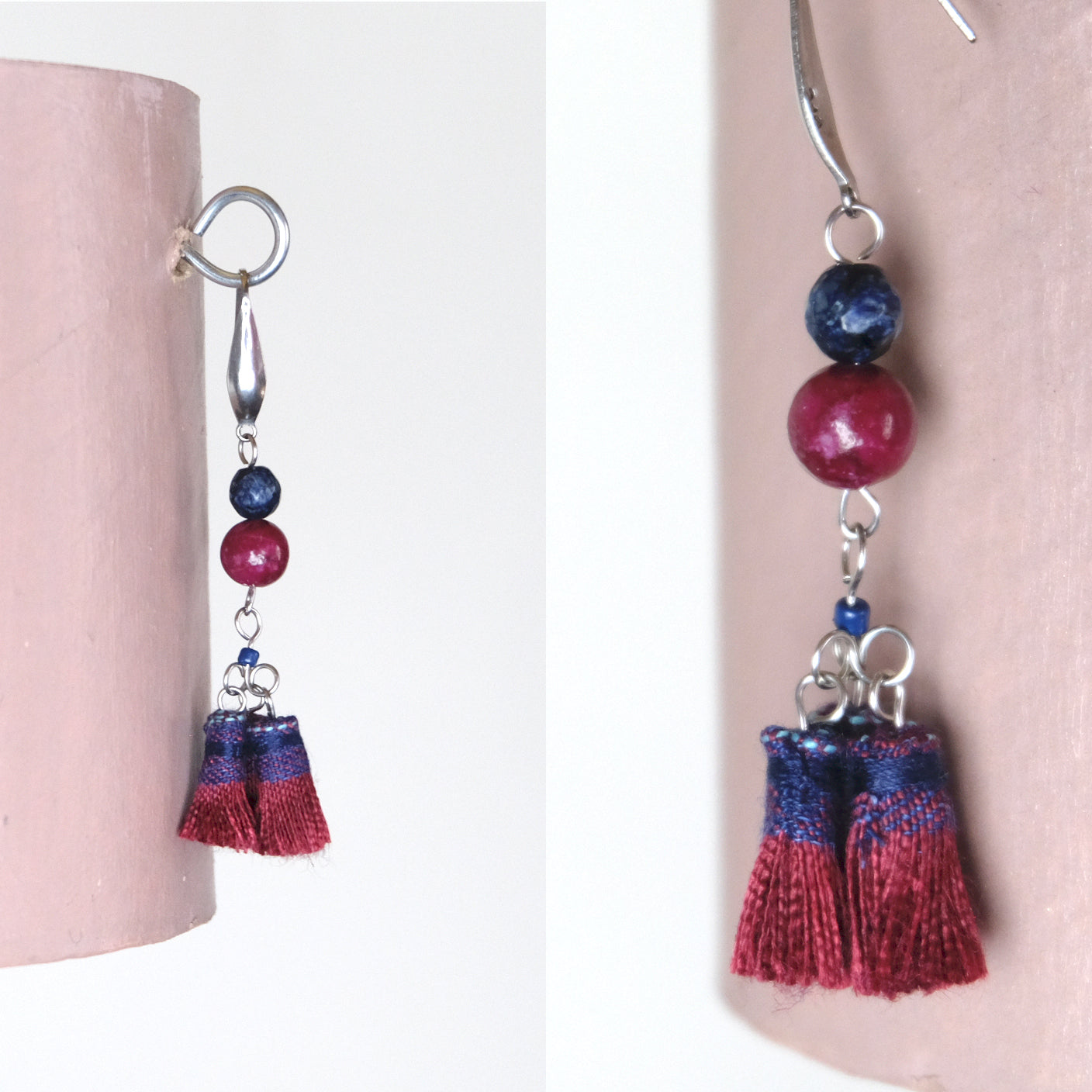 Orecchini pendenti con nappe in lino e agate colorate