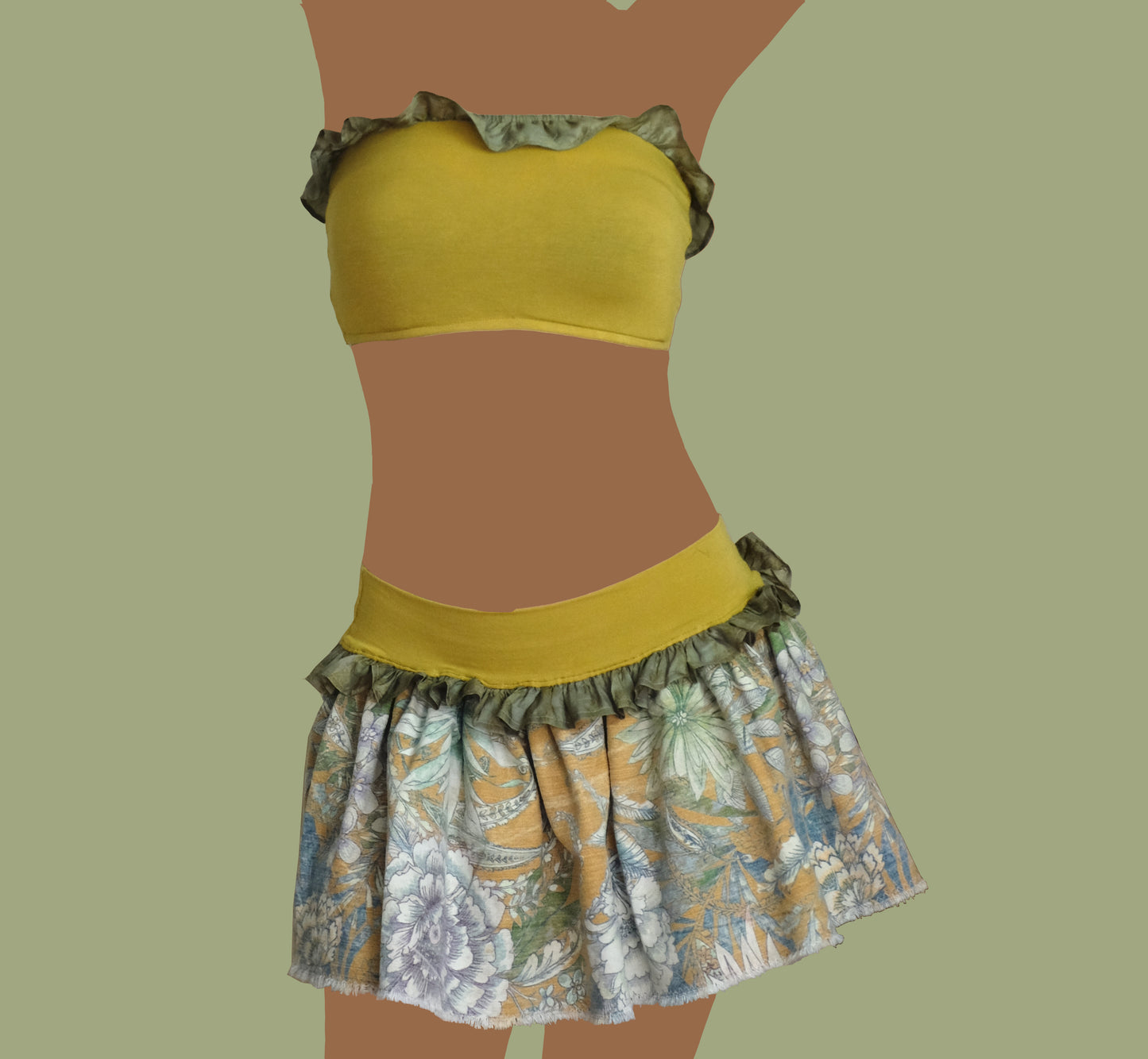 Gonna corta con balze in cotone, viscosa e seta