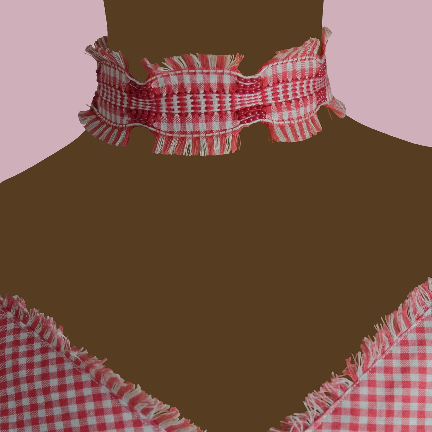 Collana choker in cotone vichy, perline.