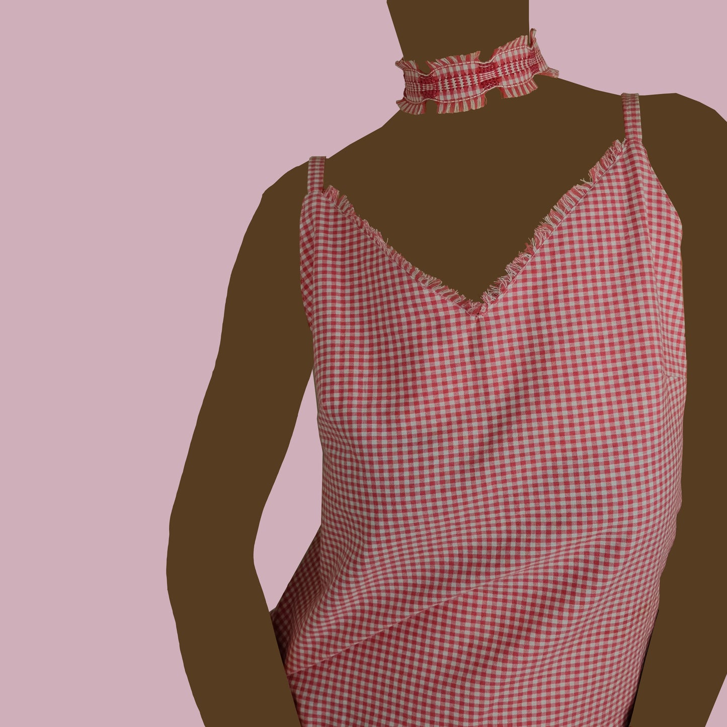 Top con spalline in cotone vichy, sfrangiato.