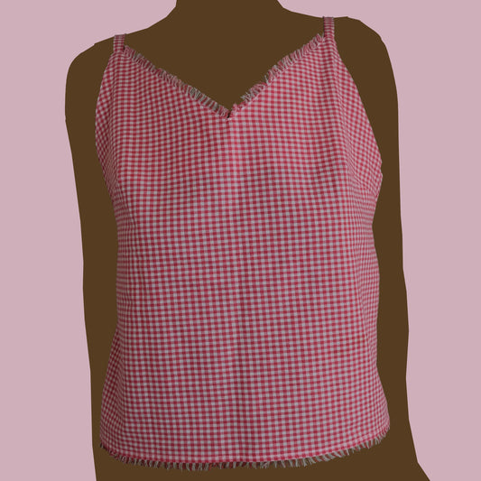 Top con spalline in cotone vichy, sfrangiato.